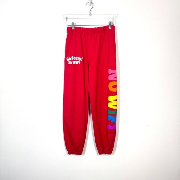 Madhappy Women's Size Medium Red Multicolor So Sorry No Wifi Jogger Sweatpants - Picture 1 of 16